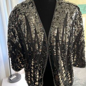Vintage Black Sequin, Rainbow trim, Beaded Sequin Shrug very glam! Fits L/XL